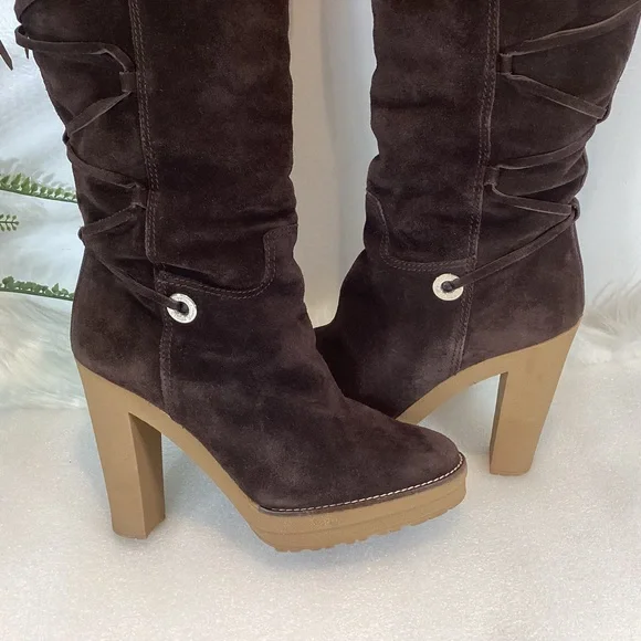 RALPH LAUREN COLLECTION SUEDE LEATHER LAMB LINED KNEE HIGH BOOTS NWOT SZ 7.5